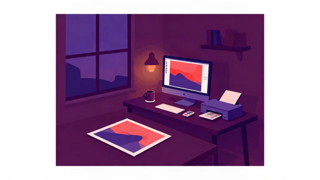 Flat vector illustration in deep plum of a dim designer's studio at dusk: a glowing monitor on the right shows a vivid saturated abstract poster, while a printed, slightly duller copy of the same poster lies on the plum desk in the foreground beside a small printer, a mug, and colour swatch cards, with a violet dusk window on the left and a small amber lamp