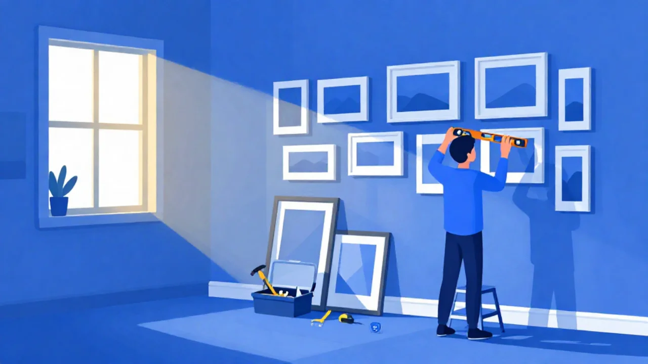 Illustration of a person on a step stool levelling a picture frame on a gallery wall