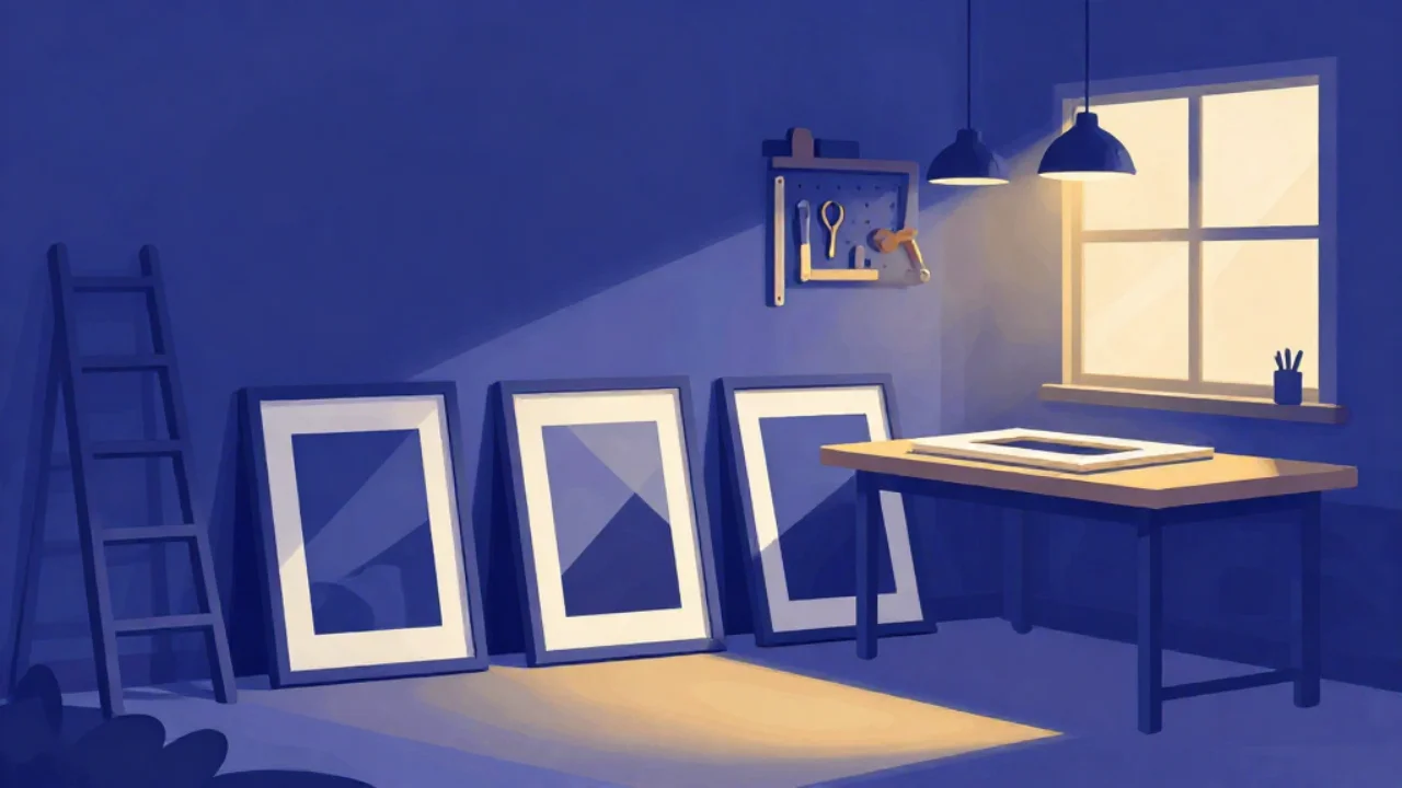 Illustration of framed photographs leaning against a wall in a warm workroom
