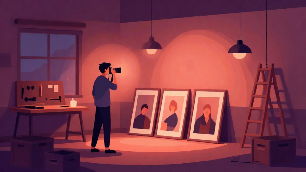 Illustration of a photograph with a subtle watermark being applied on a desk