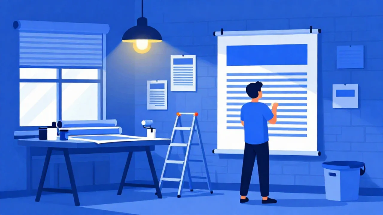 Illustration of a person stepping back to view a large poster pinned on a workshop wall