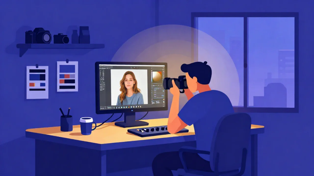 Illustration of a photographer reviewing image quality on a monitor at a desk