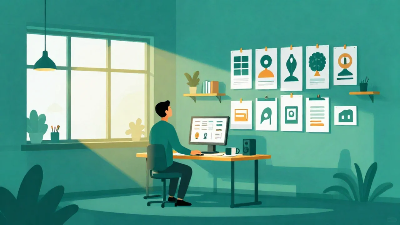 Illustration of a designer at a standing desk before a wall of pinned flat icon posters