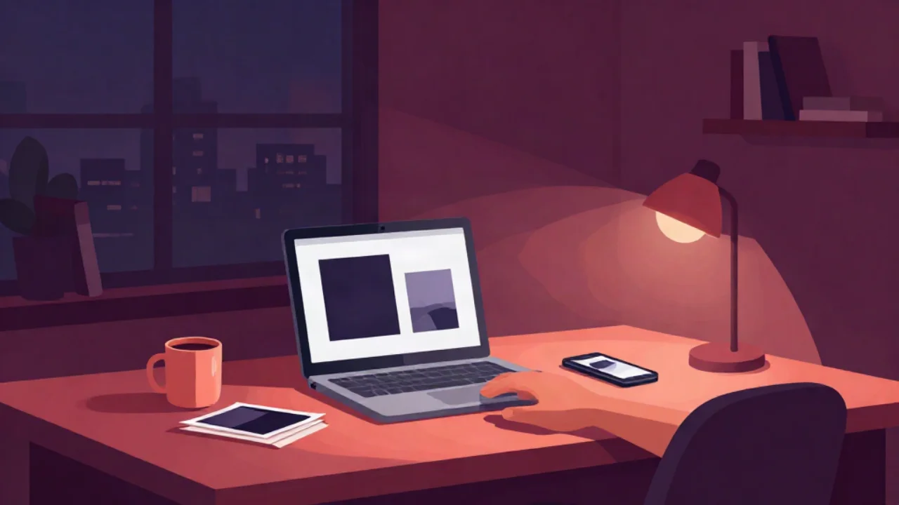 Flat vector illustration in deep plum and burgundy of a home desk at night lit by a warm coral lamp: a laptop screen showing a large photo beside a much smaller copy of it, a phone displaying a picture, a stack of printed photos and a coffee mug, with a city-skyline window and a bookshelf behind