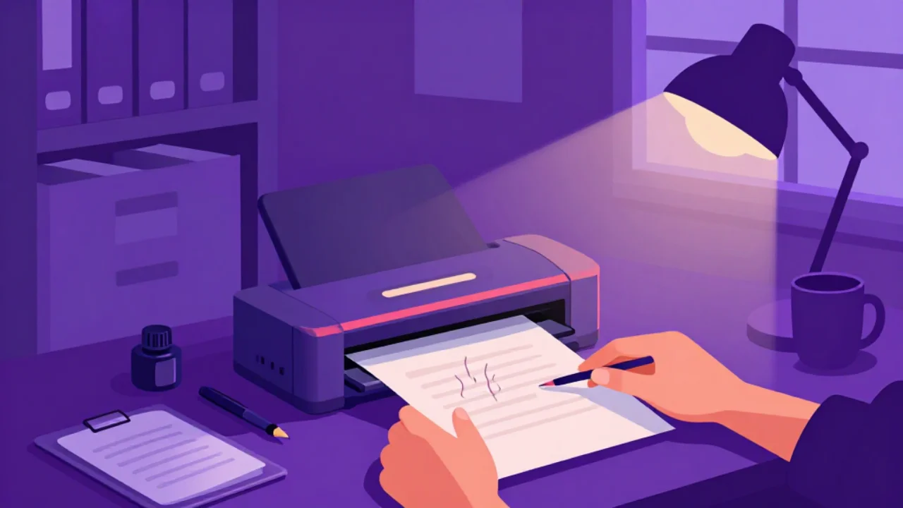Illustration of a signed sheet being smoothed onto the glass of a small scanner