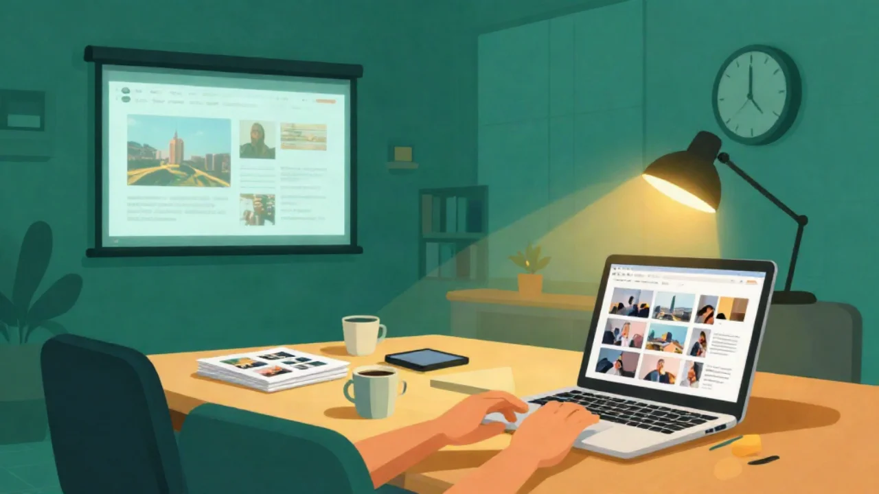 Flat vector illustration in deep teal of a small office at night: hands type on a laptop showing a grid of photo thumbnails, on a wooden table with two coffee mugs, a stack of printed photo pages and a phone, under a glowing gold desk lamp, with a projector screen showing a slide of photos, a wall clock, a bookshelf and a potted plant behind.