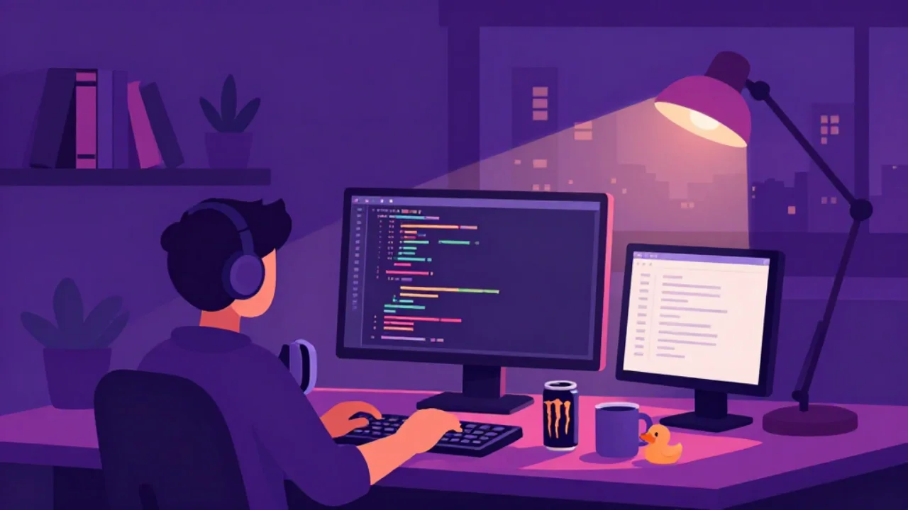 Illustration of a late-night developer's desk with a monitor full of code and a city window behind