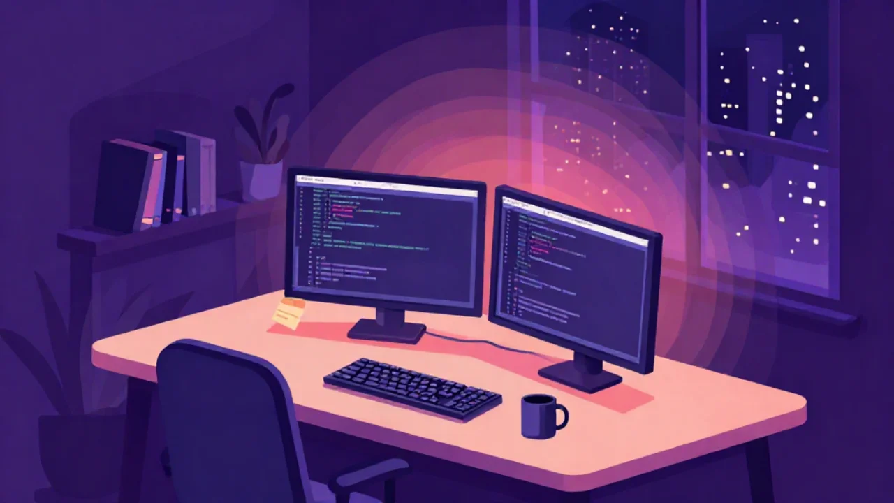 Illustration of a developer working with code on a dual-monitor setup