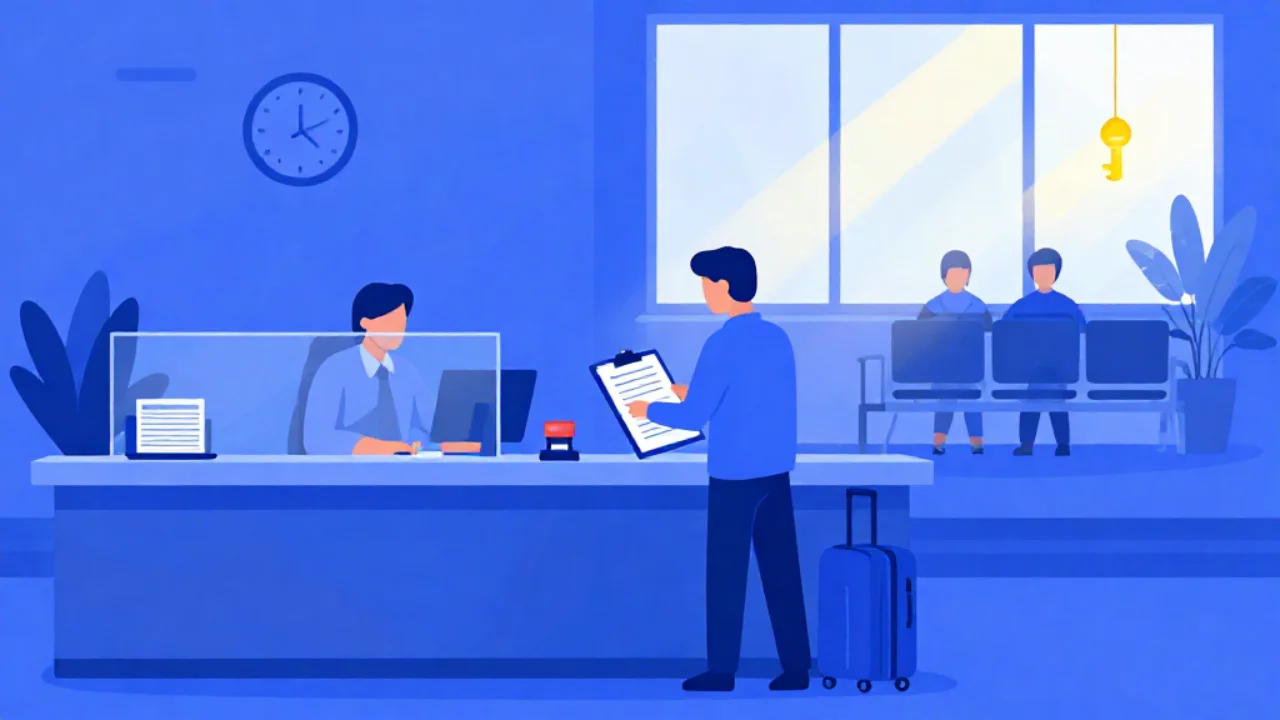 Illustration of a person handing paperwork across a government office counter