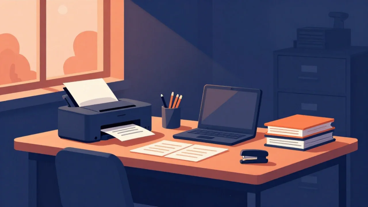 Illustration of a photographed document being turned into a PDF on a desk