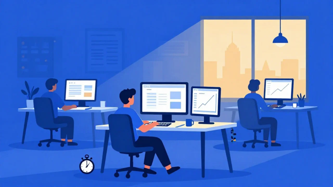 Illustration of a co-working desk with monitors showing a website layout and a rising performance chart