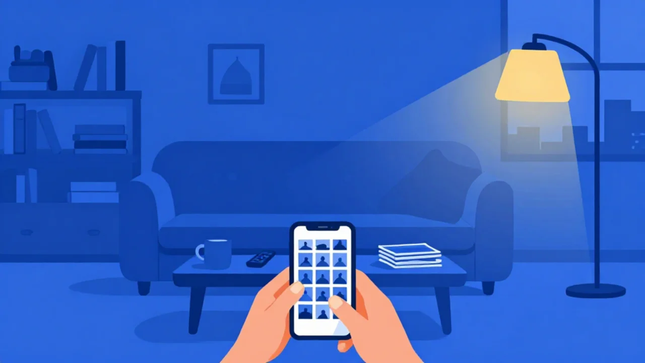 Illustration of a person on a sofa scrolling a phone photo library in the evening
