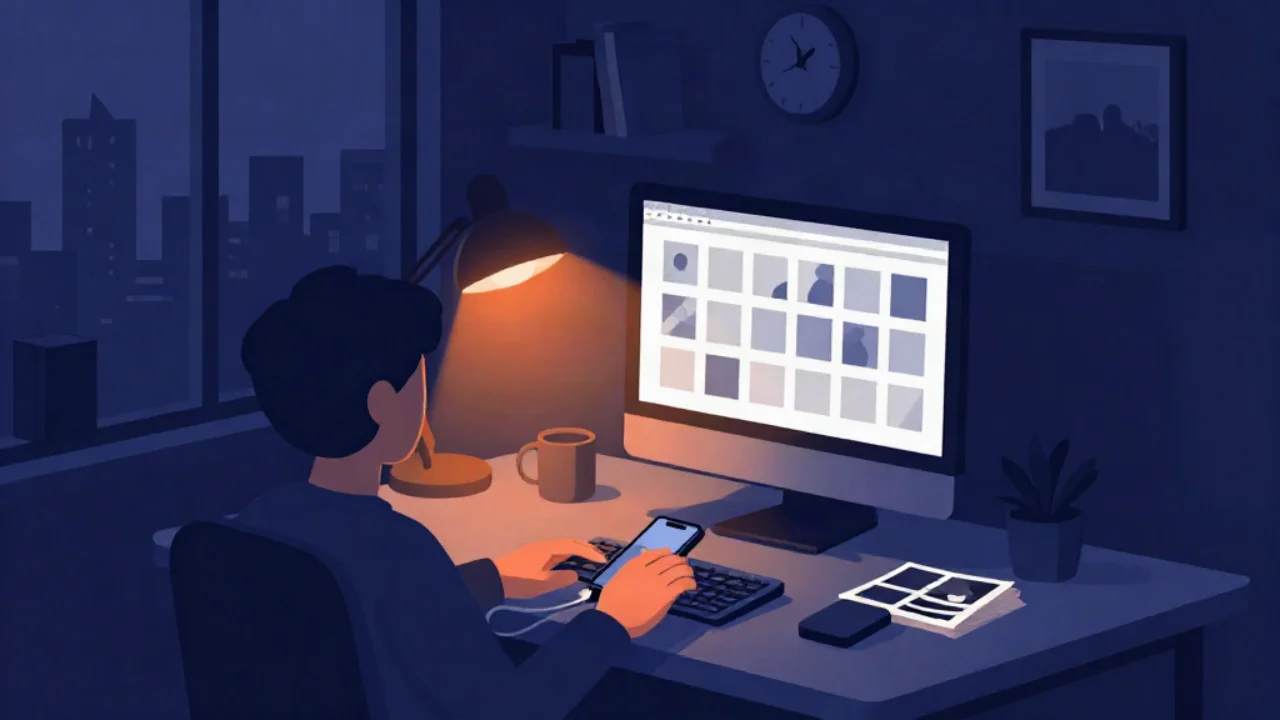 Illustration of a person at a desk at night holding a phone on a cable in front of a monitor showing a grid of photo thumbnails, lit by an orange desk lamp