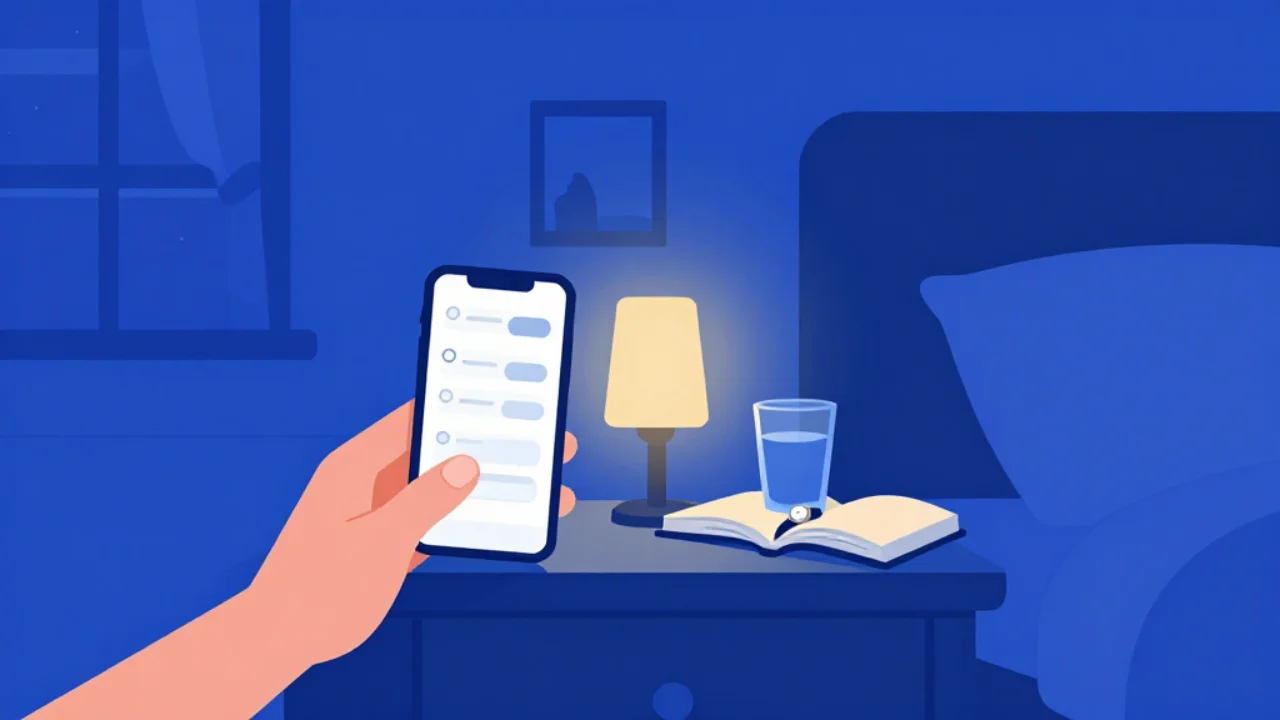 Illustration of a hand adjusting toggle settings on a phone resting on a bedside table at night