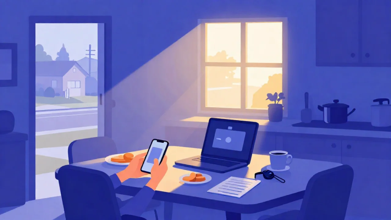 Illustration of a kitchen table with a phone showing a photo and a laptop displaying a failed upload