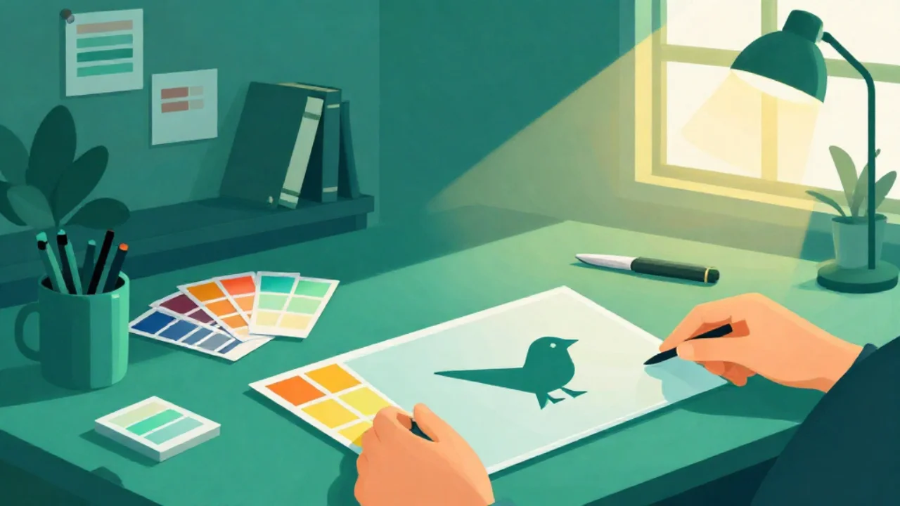 Illustration of a logo on a clear sheet being slid across a row of coloured card swatches
