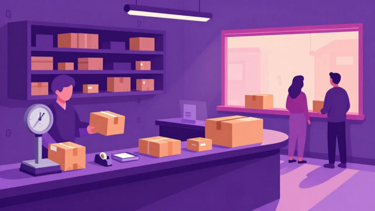 Illustration of a post office counter with parcels of very different sizes queued along it