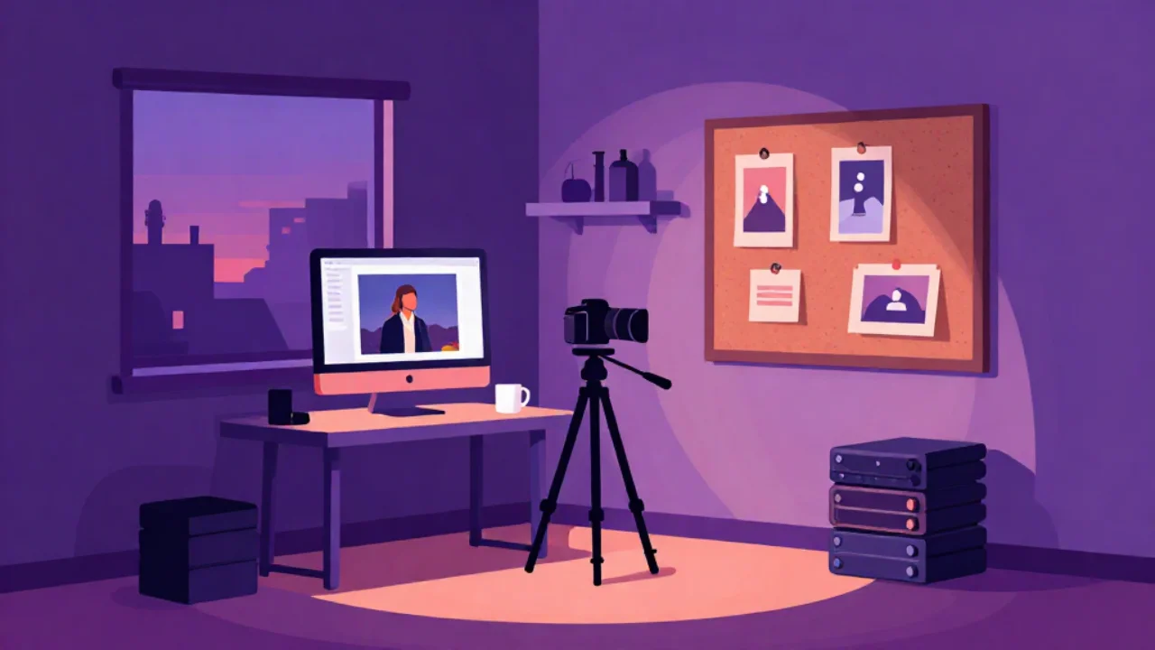 Illustration of a desk with a laptop showing a large image file being converted to a smaller one