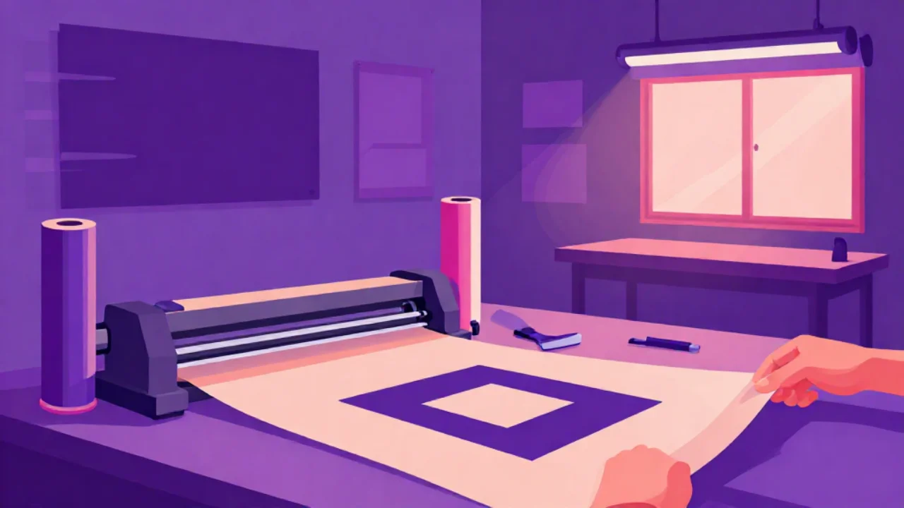 Illustration of a large cut-vinyl decal being peeled from its backing sheet in a sign workshop