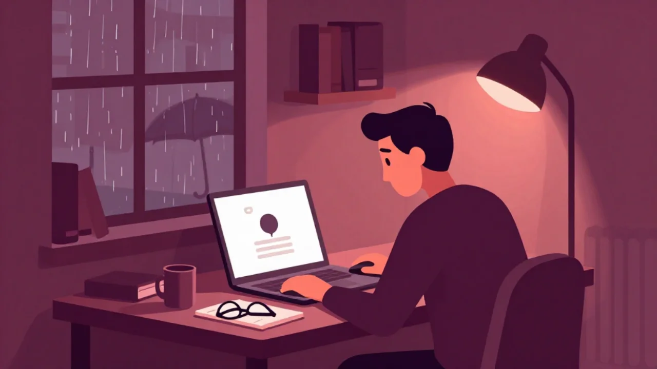 Illustration of a person puzzling over an unfamiliar downloaded file at a desk on a rainy afternoon