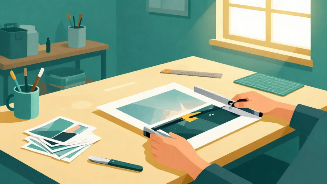 Illustration of a photo being framed and trimmed on a bright studio worktable