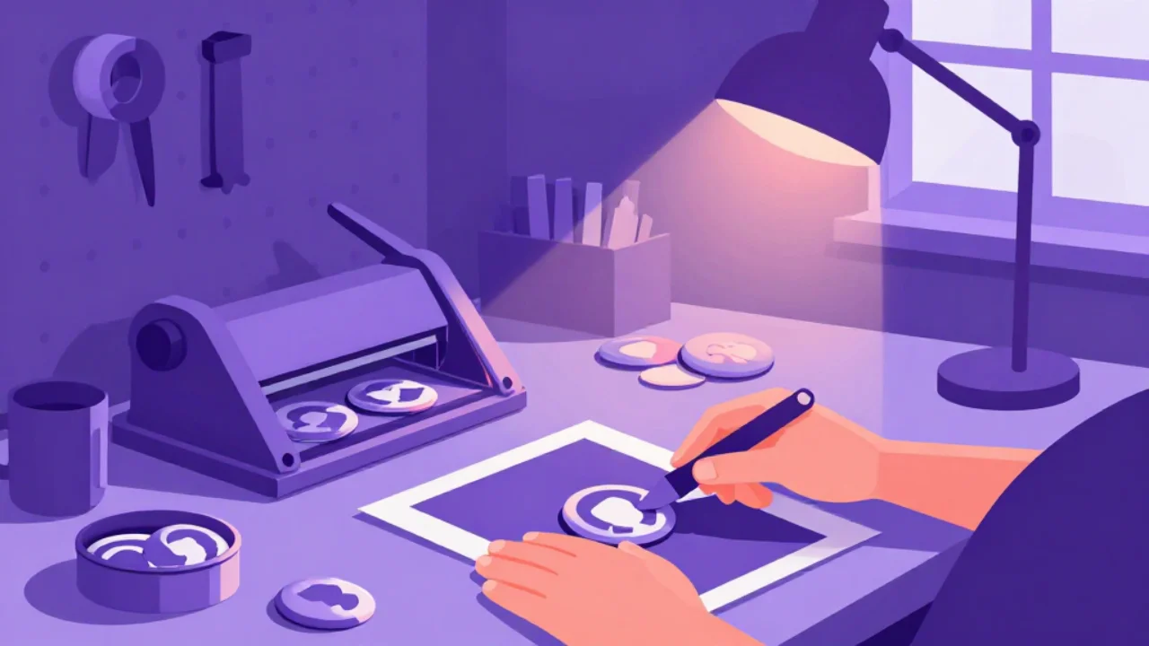 Illustration of a circular cutter being pressed onto a photo print at a badge-making desk