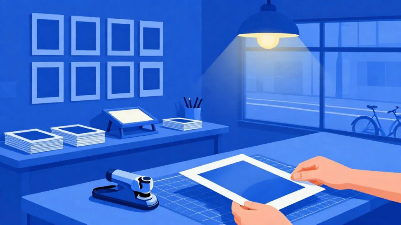 Illustration of a rectangular photo print held over a square cutting mat in a print shop