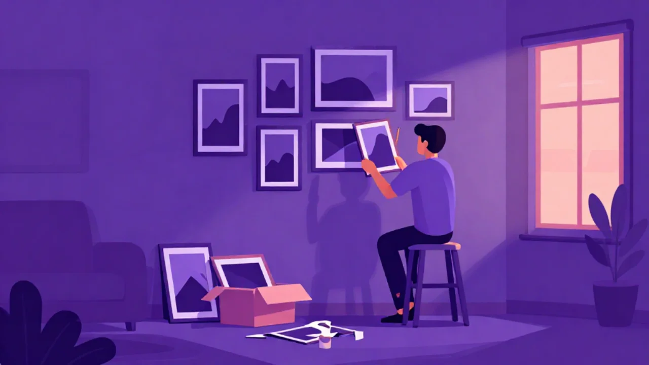 Illustration of a person on a step stool arranging a grid of framed photos on a living room wall