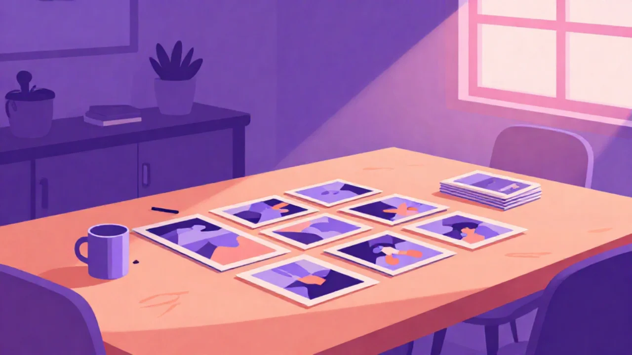 Illustration of photo prints arranged into a grid on a warm wooden table