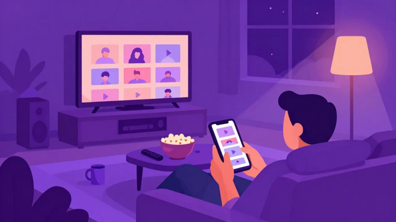 Illustration of a person on a sofa scrolling a column of small video thumbnails on a phone