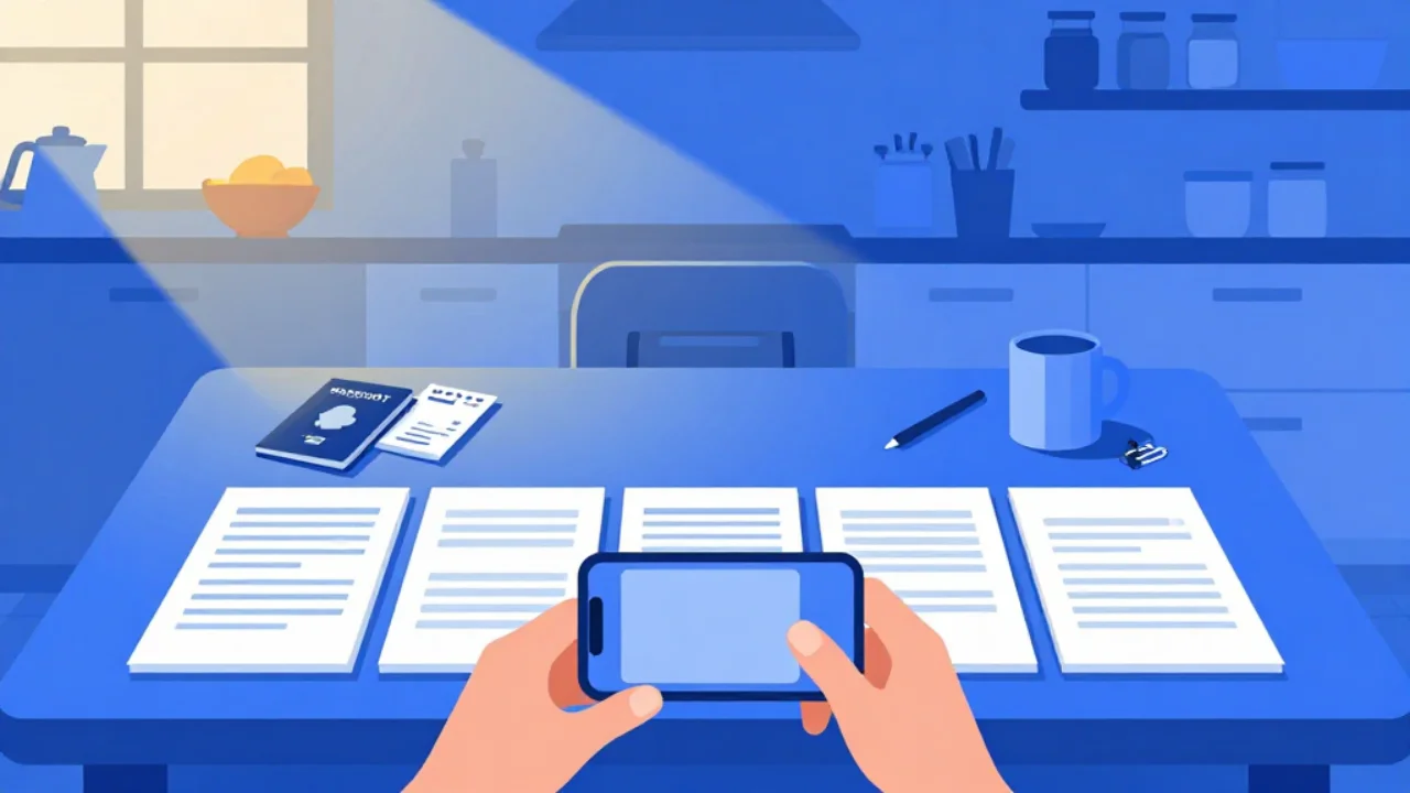 Illustration of documents laid out in a row on a kitchen table being photographed with a phone