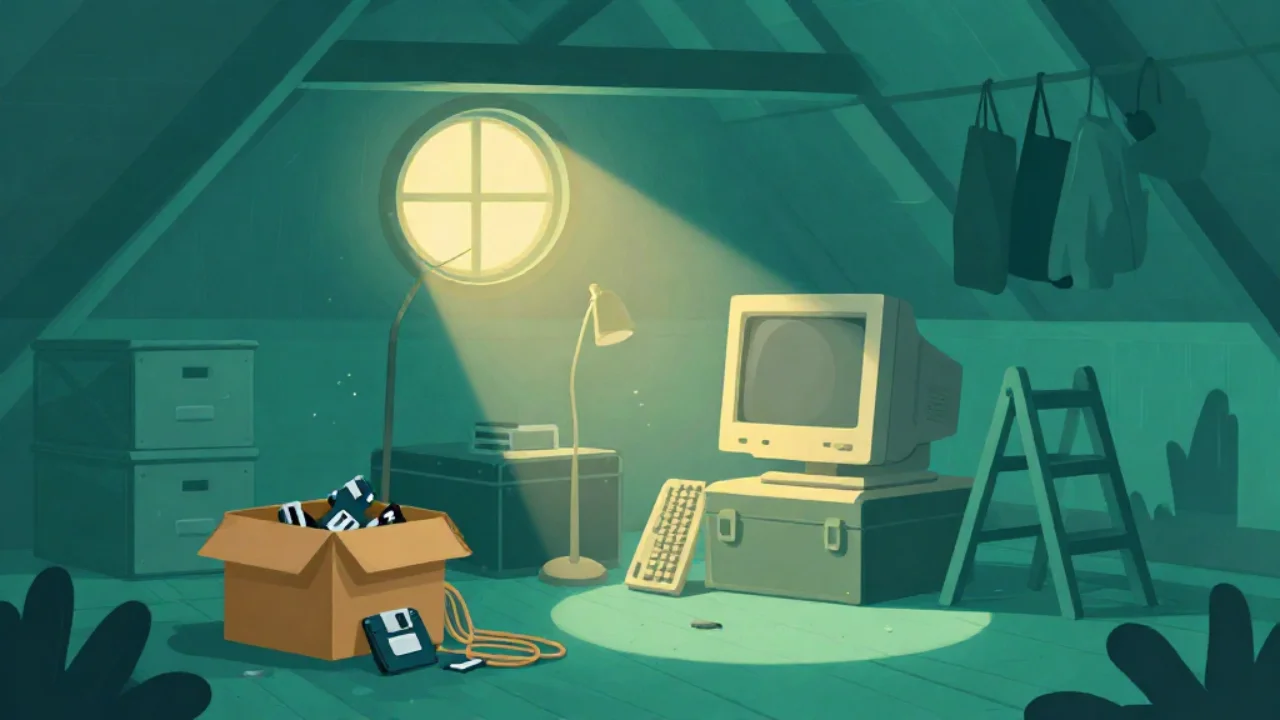Illustration of an attic with a box of old floppy disks and a boxy CRT monitor in a shaft of light