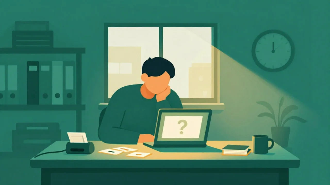 Illustration of a person slumped at a desk staring at a laptop showing an unrecognised file