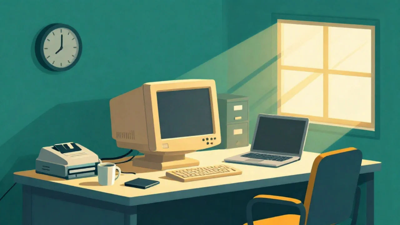 Illustration of an old desktop computer beside a modern laptop on a desk