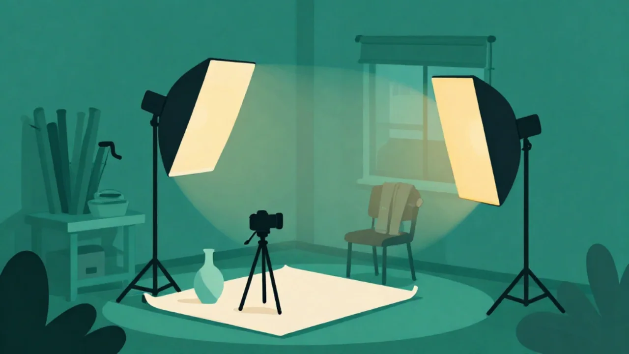 Illustration of a vase on a white paper sweep lit by softboxes in a product photography setup