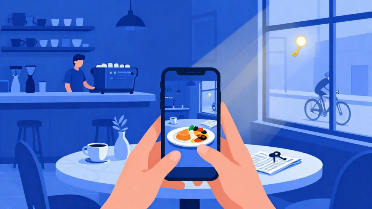Illustration of a phone held above a plate at a cafe table, framing the food square