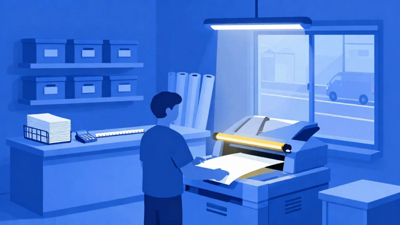 Illustration of a sheet being fed into a flatbed copier in a small print shop