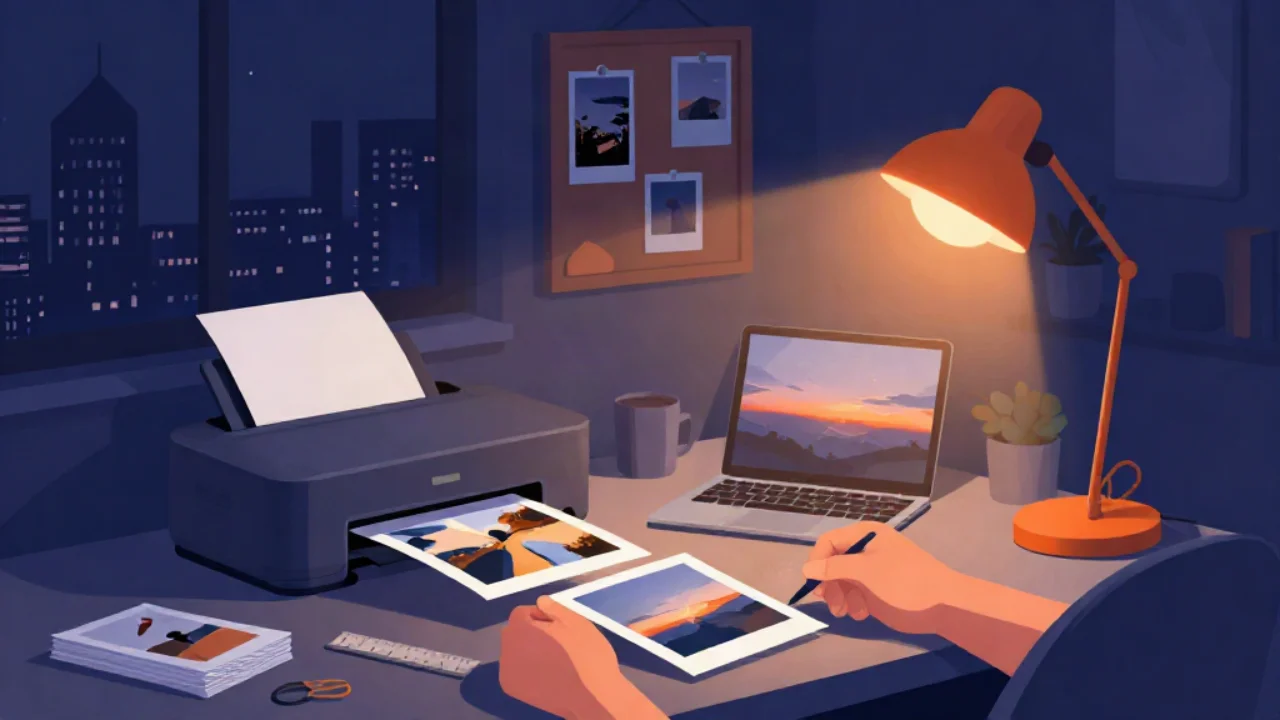 Flat vector illustration in midnight navy of a home desk at night: hands hold a fresh photo print beside a home printer feeding out another glossy print, with a ruler, scissors and a stack of prints on the desk, a laptop showing a sunset photo, a coffee mug and a succulent under a glowing orange desk lamp, and a night city skyline and a corkboard of pinned photos behind.