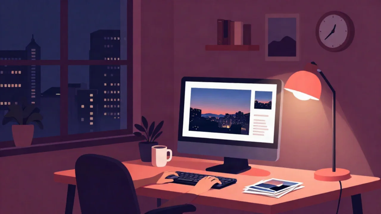 Flat vector illustration in plum and mauve of a home office at night: hands type on a keyboard in front of a desktop monitor showing a city sunset photo with a smaller copy of it beside, lit by a coral desk lamp, with a coffee mug, a potted plant and a stack of photo prints on the desk, and a window onto lit city towers, a shelf of books, a framed picture and a wall clock behind.
