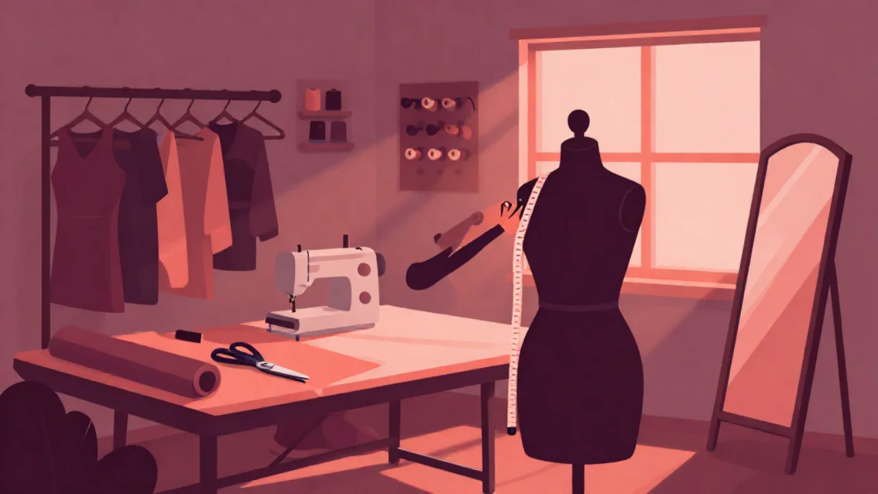 Illustration of a tape measure held across the shoulders of a dress form in a tailor's workshop