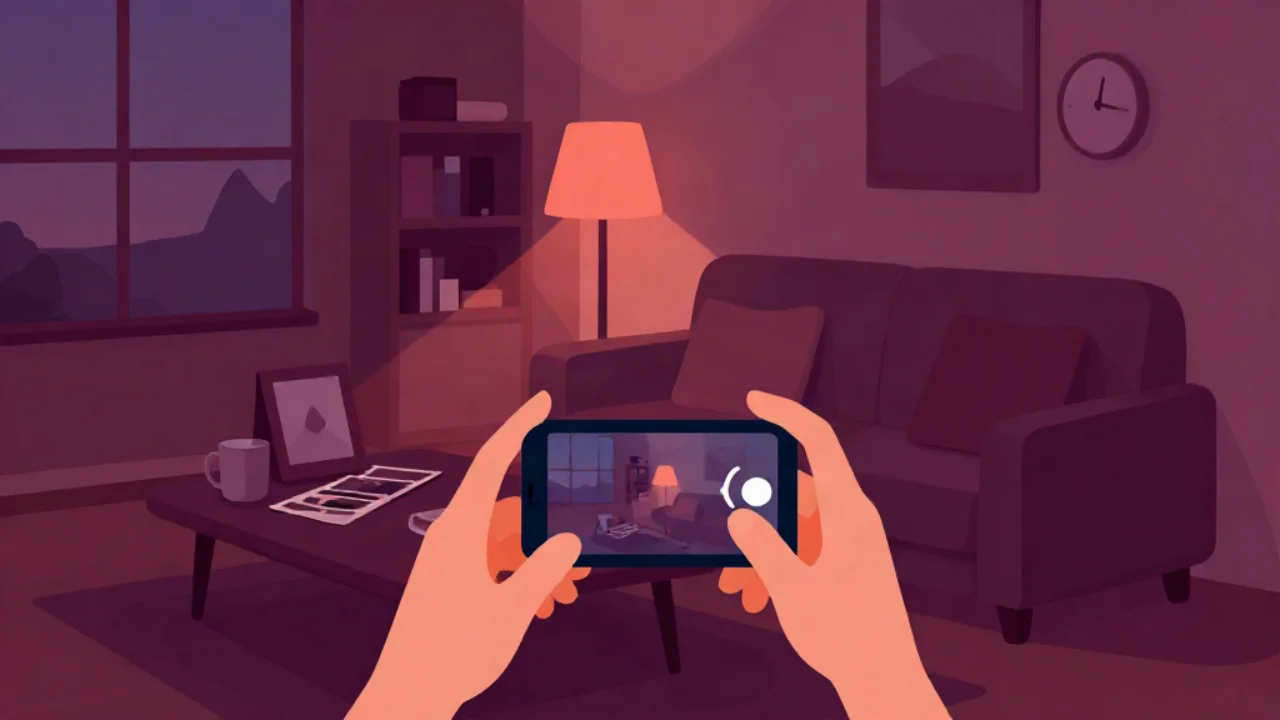 Flat vector illustration in plum and burgundy tones of a living room in the evening: two hands hold a phone sideways in the foreground, with a coffee table, mug, picture frame and loose photos behind it, and a sofa, bookshelf, dusk window, wall clock and a floor lamp glowing coral.