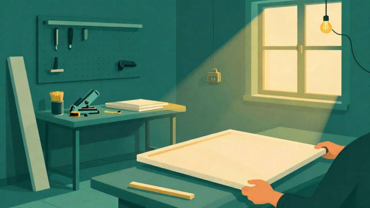 Illustration of a person turning a square canvas ninety degrees on a framing workshop bench