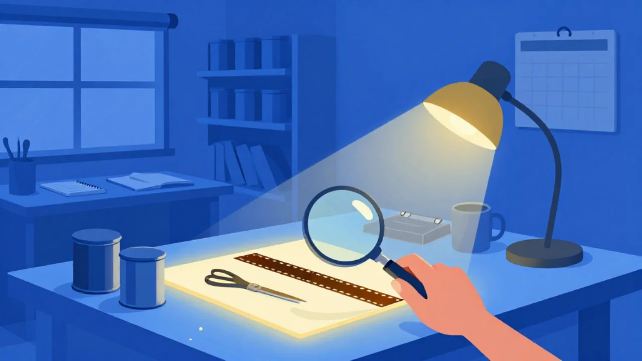Illustration of a loupe held over a strip of film negatives on a glowing light panel