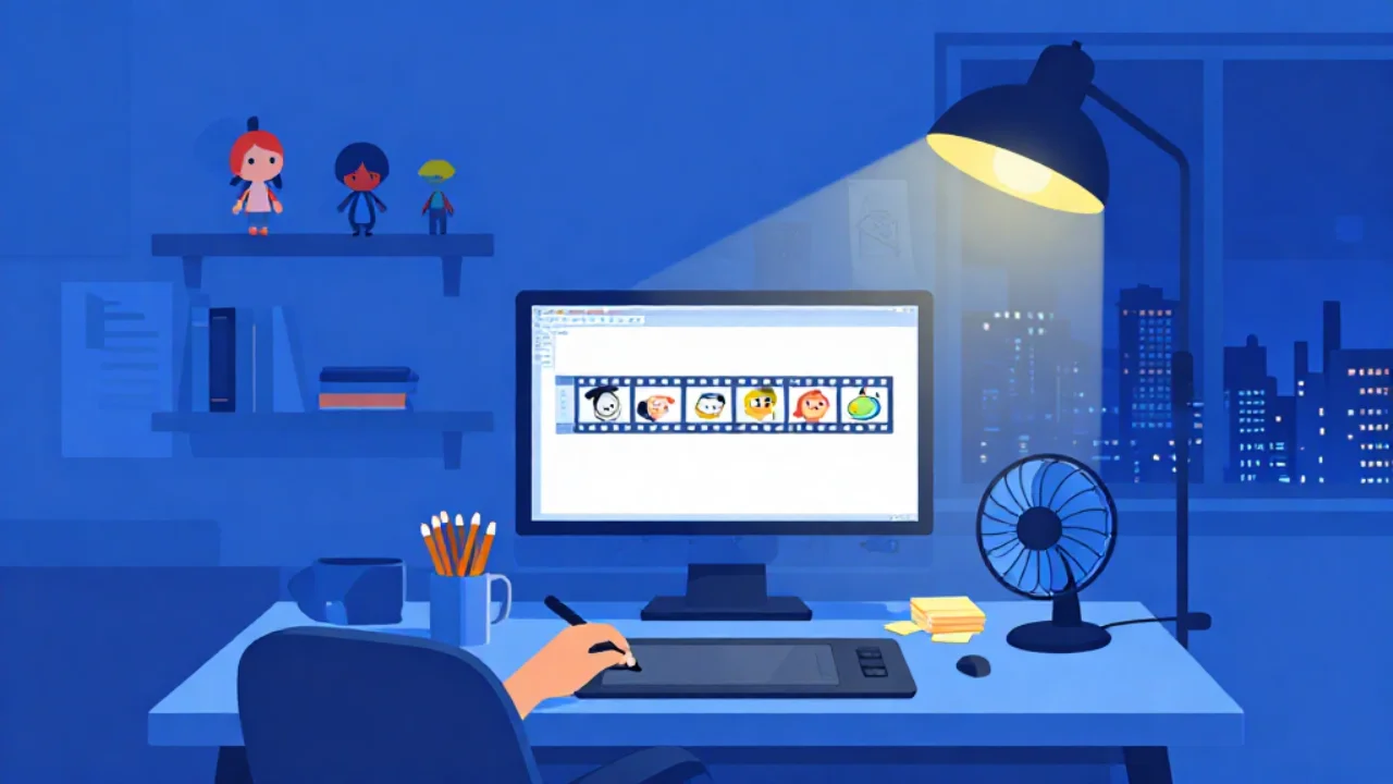Illustration of an animator's desk with a monitor showing a strip of repeating animation frames