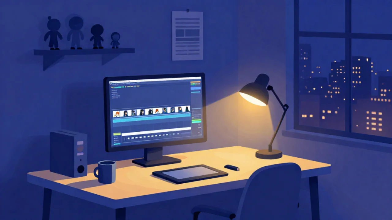 Illustration of an animation timeline being edited on a computer at a desk