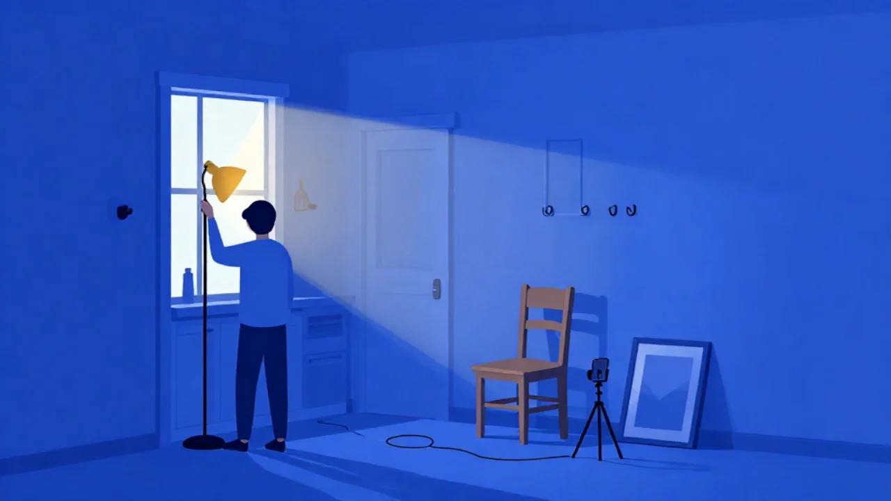 Illustration of a floor lamp being angled at a plain wall in a hallway set up as a home photo studio