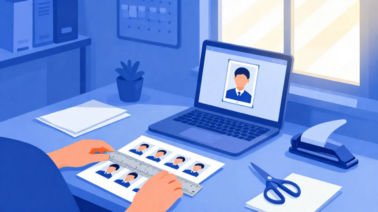 Illustration of a printed sheet of identical ID portrait thumbnails being measured with a ruler beside a laptop