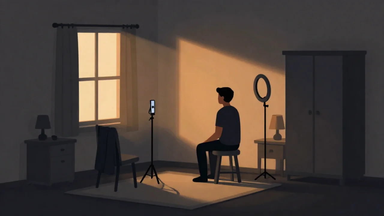 Illustration of a person photographing themselves against a plain wall for an ID photo