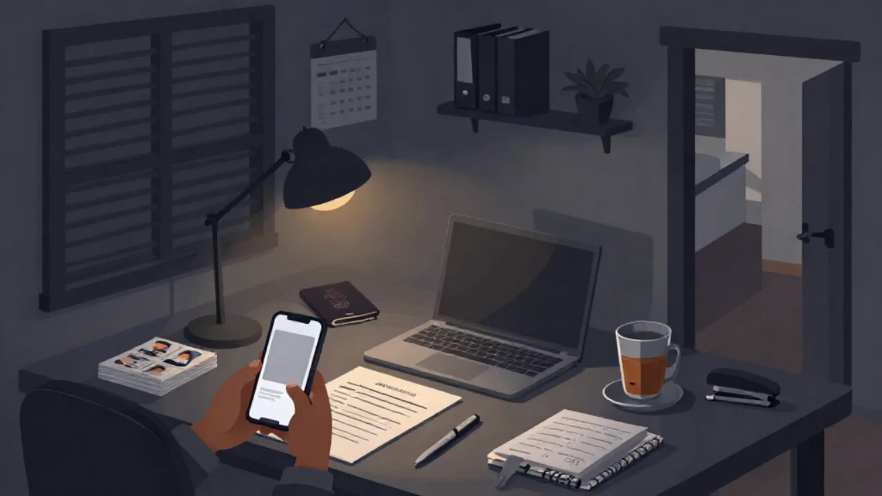 Flat vector illustration in charcoal and slate of a desk at night: two hands hold a phone showing a blank white portrait frame, beside a paper form and pen, a stack of small printed ID photos, a passport booklet, an open laptop, a glass of tea on a saucer, a stapler and a spiral notebook, lit by a warm amber desk lamp, with a shuttered window, a wall calendar, a shelf of binders and a plant, and an open doorway to a lit corridor behind