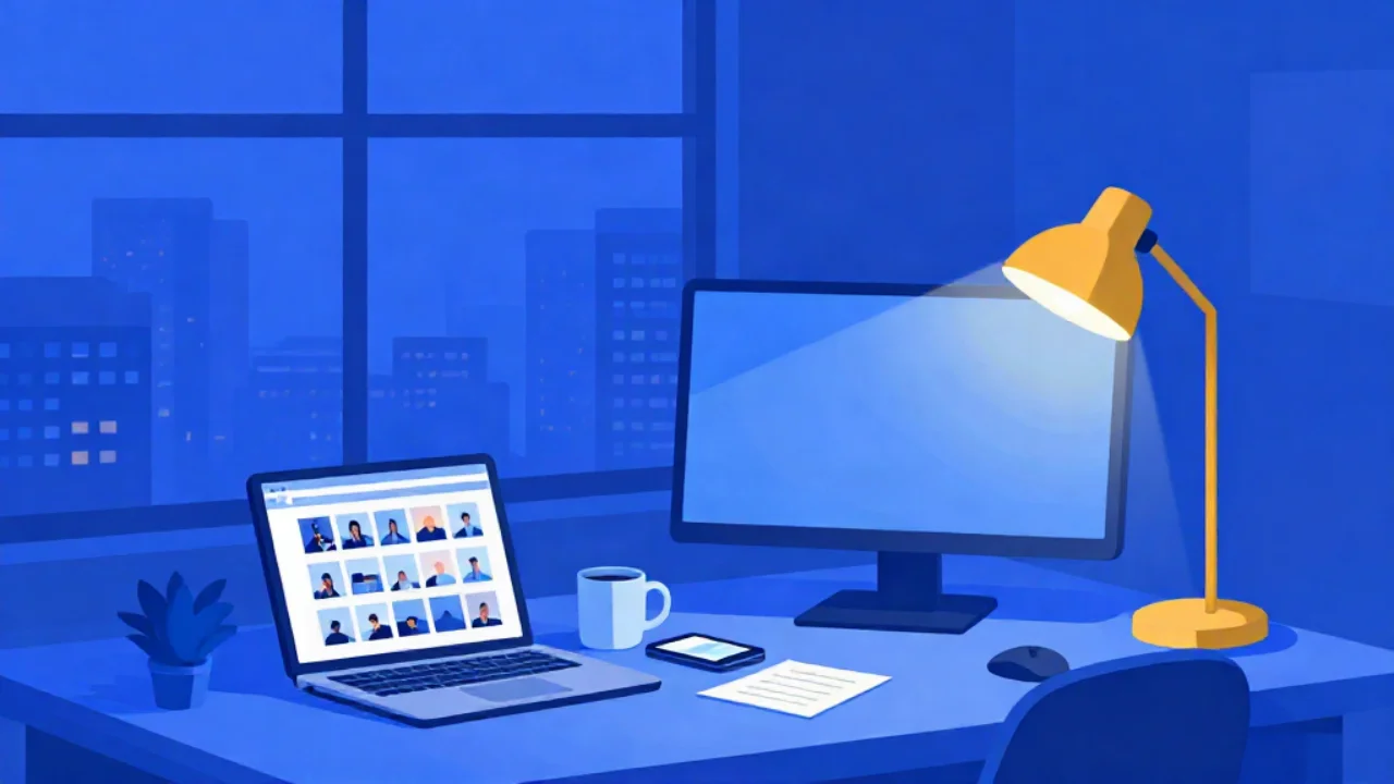 Flat vector illustration in cobalt blue of a web designer's desk at night: a laptop showing a grid of photo thumbnails, a smartphone beside it displaying a single landscape photograph, a coffee mug and a small potted plant, a large blank monitor and loose papers, all lit by one warm gold desk lamp, with a city skyline through the window behind